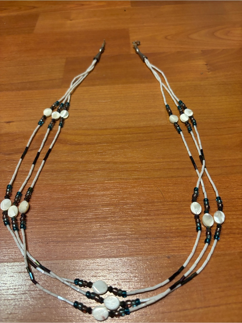 Navajo Teal and Cream Beaded Layered Necklace with Mother of Pearl/ Silver.